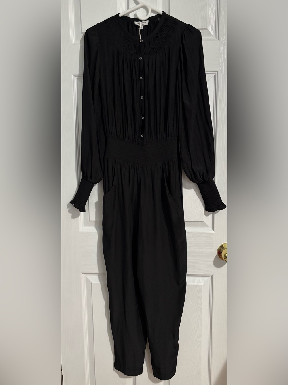 Ramy Brook Black Long-Sleeve Smocked Jumpsuit Size XS